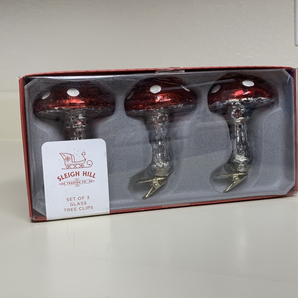 Mushroom Clip On Christmas ornaments Tree ClipsSleigh Hill Trading Co Glass 3.5"